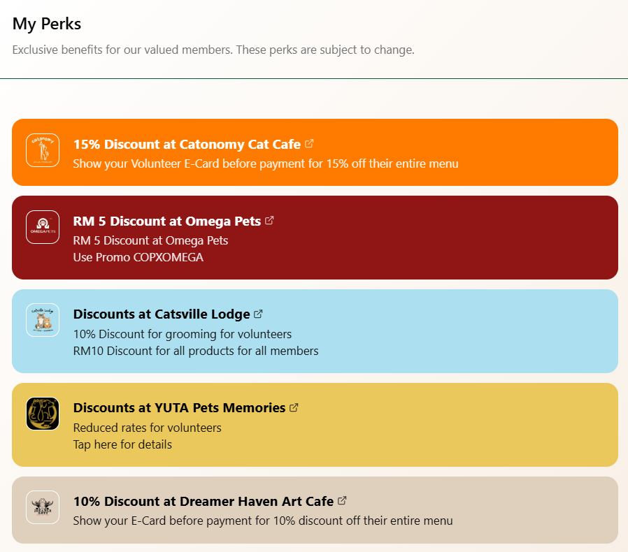 Member perks list including partner discounts at cafes, pet shops, and boarding